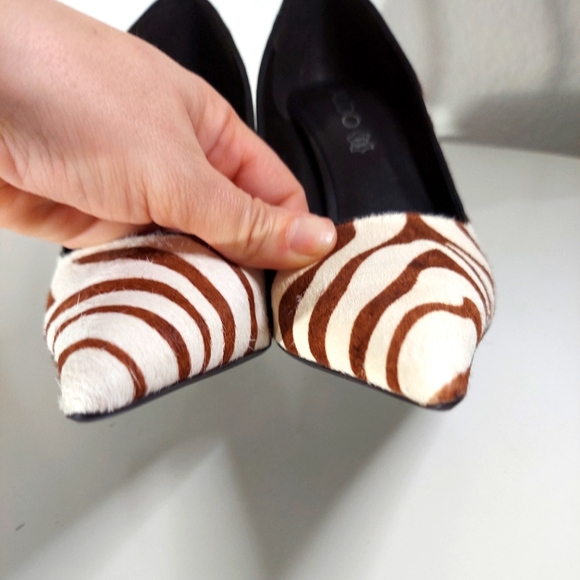 Aldo Calf Hair Brown & White Animal Patterned Pointy Toe Heels - Picture 10 of 14